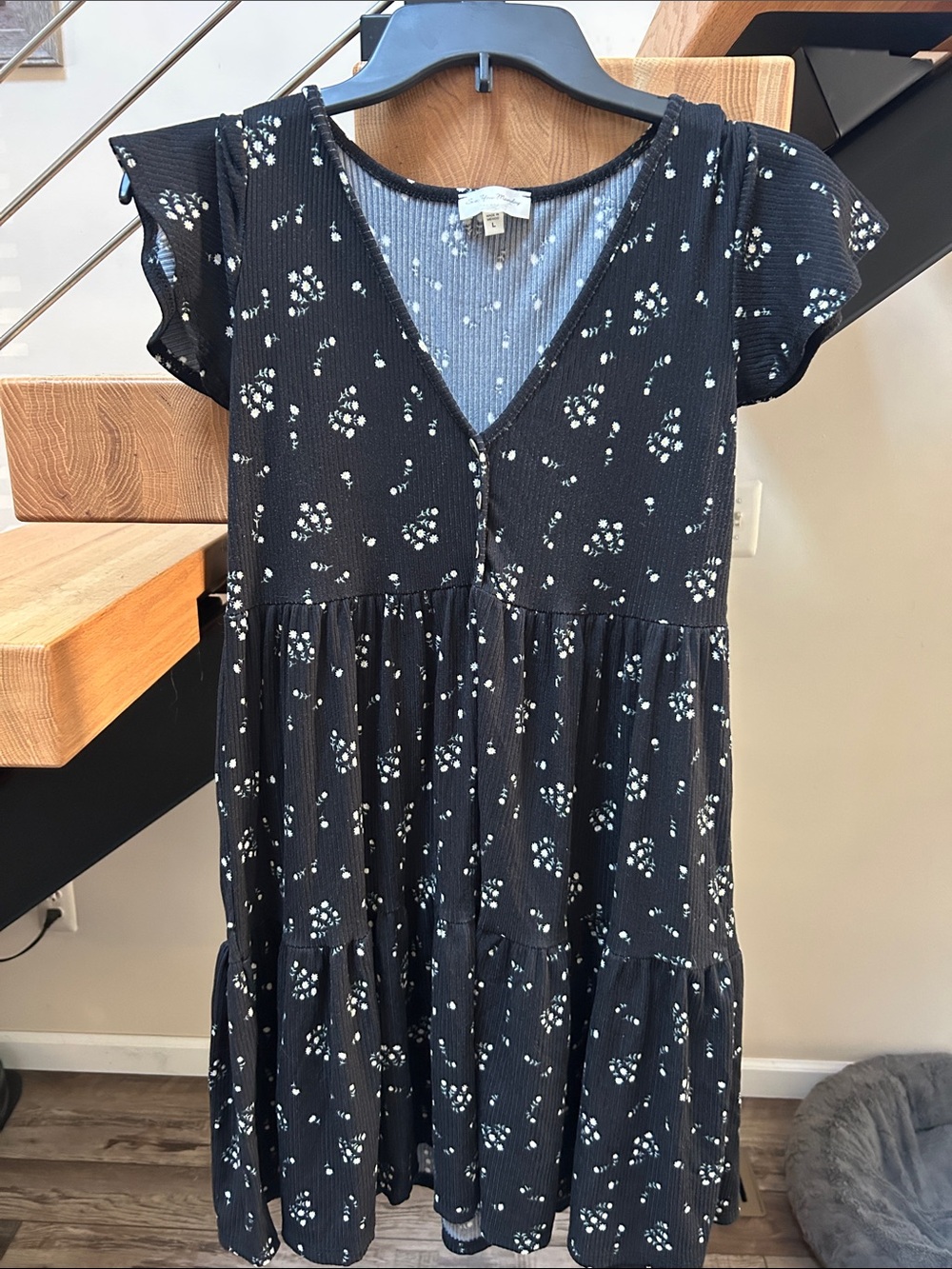 See You Monday Black Tiny White Daisy Tiered Dress